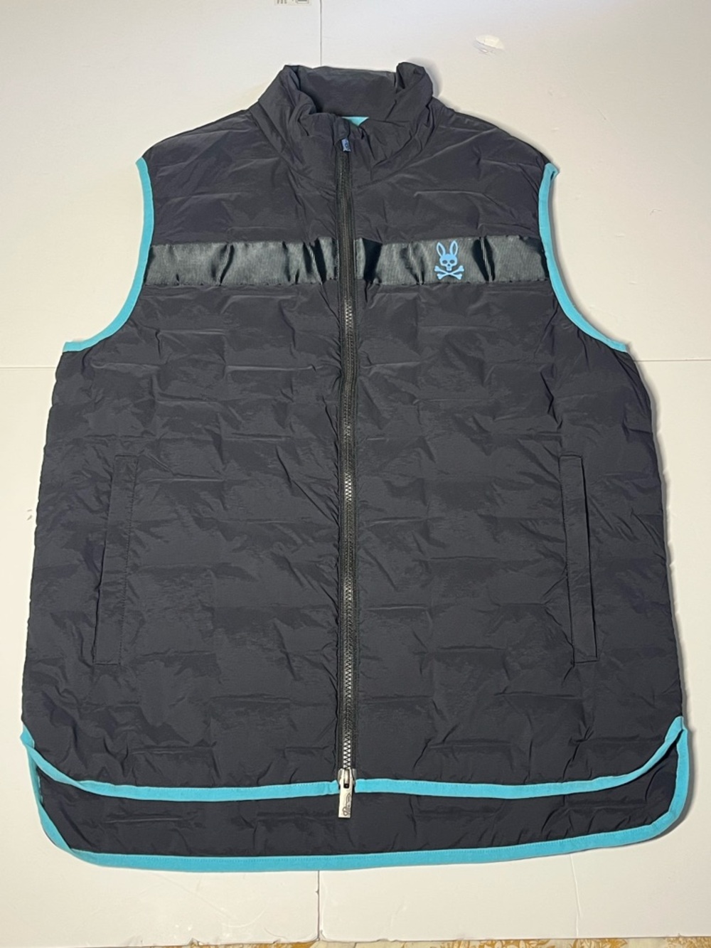 Psycho Bunny Medium Helbeck Seamless Down Vest Black Blue Logo Quilted Zip-Up